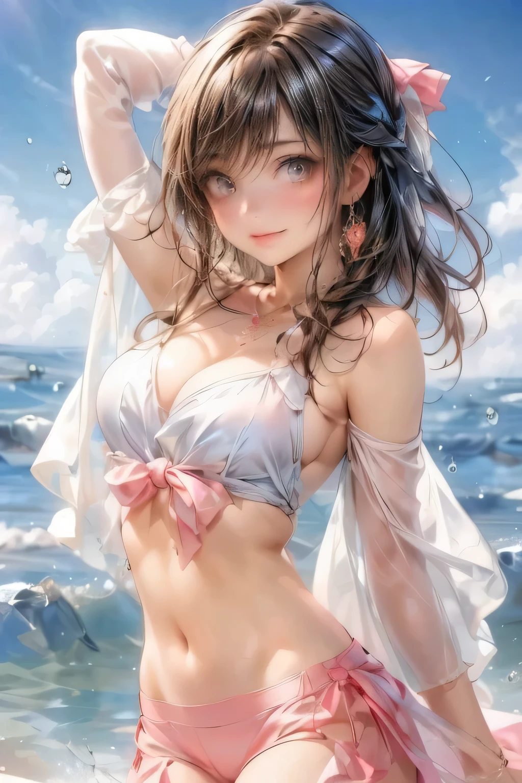 an animated image of the sexy anime girl in a bikini jumping in water, 1girl, solo, swimsuit, breasts, bikini, outdoors, brown hair, looking at viewer, navel, cleavage, smile, frills, bangs, water, day, medium breasts, frilled bikini, thigh gap, halterneck, pink bikini, sky, blush