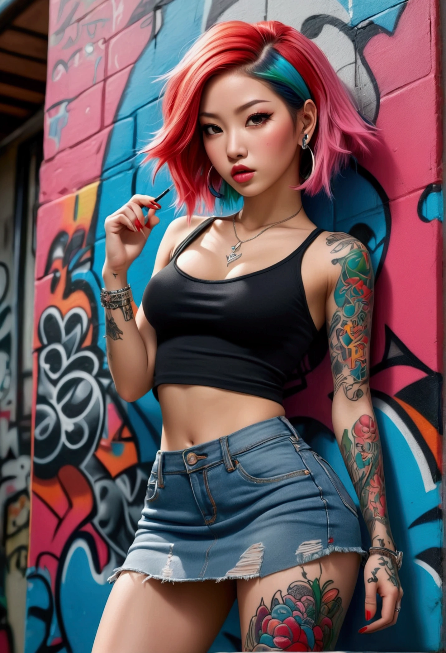 (Maximum image quality), (masterpiece), (Dynamic, realistic photography, realist, Amazing, Dark, sharp focus, 8k), Full color drawing of korean girl hip hop, hip hop, hip hop, hip hop, Miniskirt jeans, Rap (((graffiti art))), At the bottom of the sea, crazy details, complicated details, hyper details , low contrast, Suave, cinematic light, touch combination, HdR, Forehead (1 girl), bare legs, bare shoulders, (colorful hair), music, White skin, sexy, luxurious, Model pose , (detailed face, Lips, nose, red, eyelid, Lipsstick, beautiful face), thigh length skirt, (whole body), (whole body get tattoo:1.2), Pink sneakers, good body, open legs