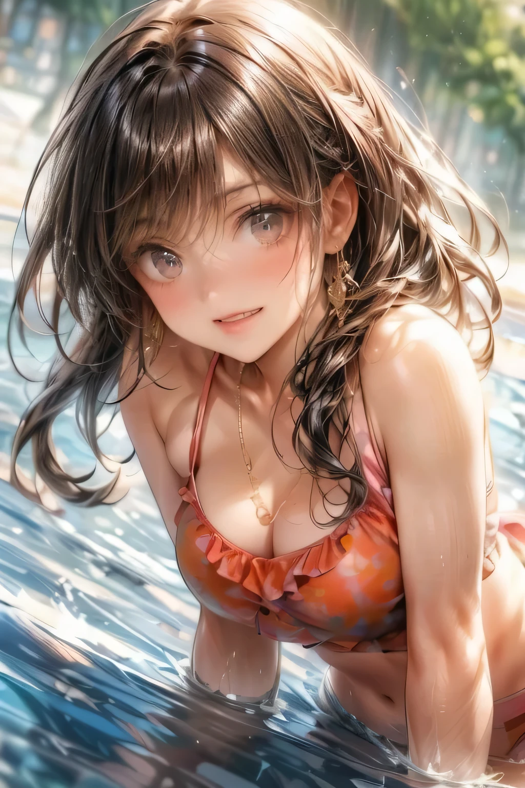 an animated image of the sexy anime girl in a bikini jumping in water, 1girl, solo, swimsuit, breasts, bikini, outdoors, brown hair, looking at viewer, navel, cleavage, smile, frills, bangs, water, day, medium breasts, frilled bikini, thigh gap, halterneck, pink bikini, sky, blush