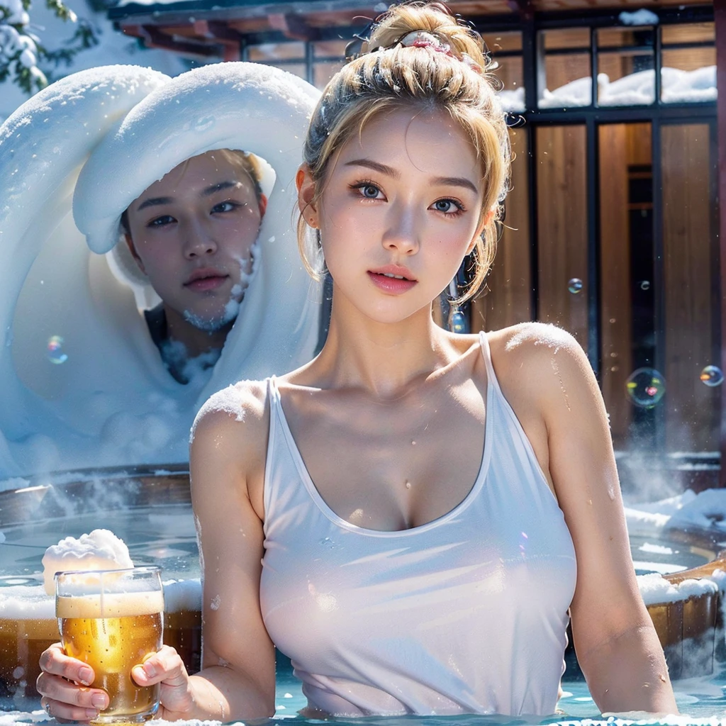 masterpiece,((top-quality)),8k wallpaper,((Female 1)),20yr old,Beautuful Women,Transcendent beauty,Frenchman,Height 150 cm,The hairstyle is a bun,((a blond)),((Look into the viewer's eyes)),Light in the eyes,A smile,lilac eyes,Pink cheeks,Red face,((Face parts details)),Opening Mouth,Expression of pleasure,Drinking beer,((hold a beer glass in your left hand)),((Show the beer glass to the viewer)),(huge-breasted),clavicle,((Breasts with lots of soap suds)),Exposed belly,Beautiful skins,((swimsuit made of soap bubbles)),((A large amount of soap bubbles covers my waist)),Dark pubic hair,(((The lower half of the body is immersed in the hot springs))),the sunlight shining on her,The background is a Japanese hot spring in winter..,water vapour,(snowflakes falling),((Large amount of snow)),Sunlight.