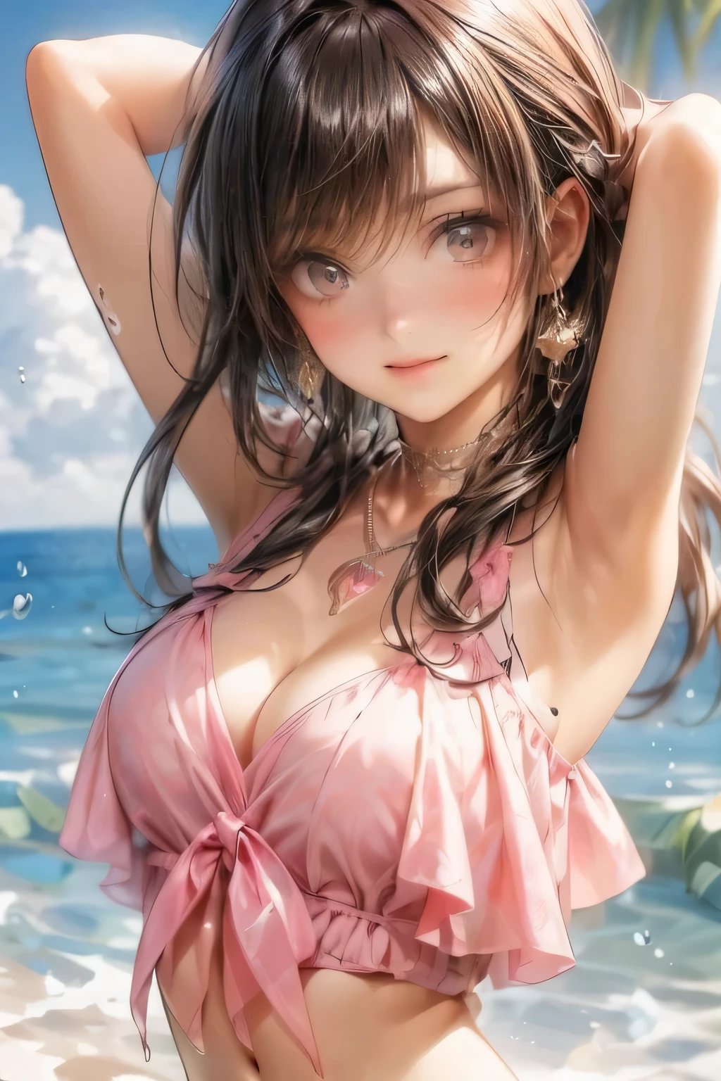 an animated image of the sexy anime girl in a bikini jumping in water, 1girl, solo, swimsuit, breasts, bikini, outdoors, brown hair, looking at viewer, navel, cleavage, smile, frills, bangs, water, day, medium breasts, frilled bikini, thigh gap, halterneck, pink bikini, sky, blush