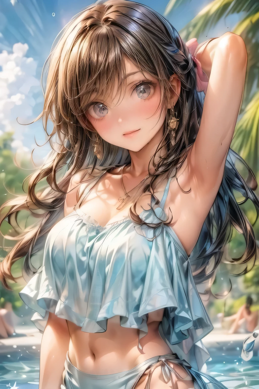 an animated image of the sexy anime girl in a bikini jumping in water, 1girl, solo, swimsuit, breasts, bikini, outdoors, brown hair, looking at viewer, navel, cleavage, smile, frills, bangs, water, day, medium breasts, frilled bikini, thigh gap, halterneck, pink bikini, sky, blush