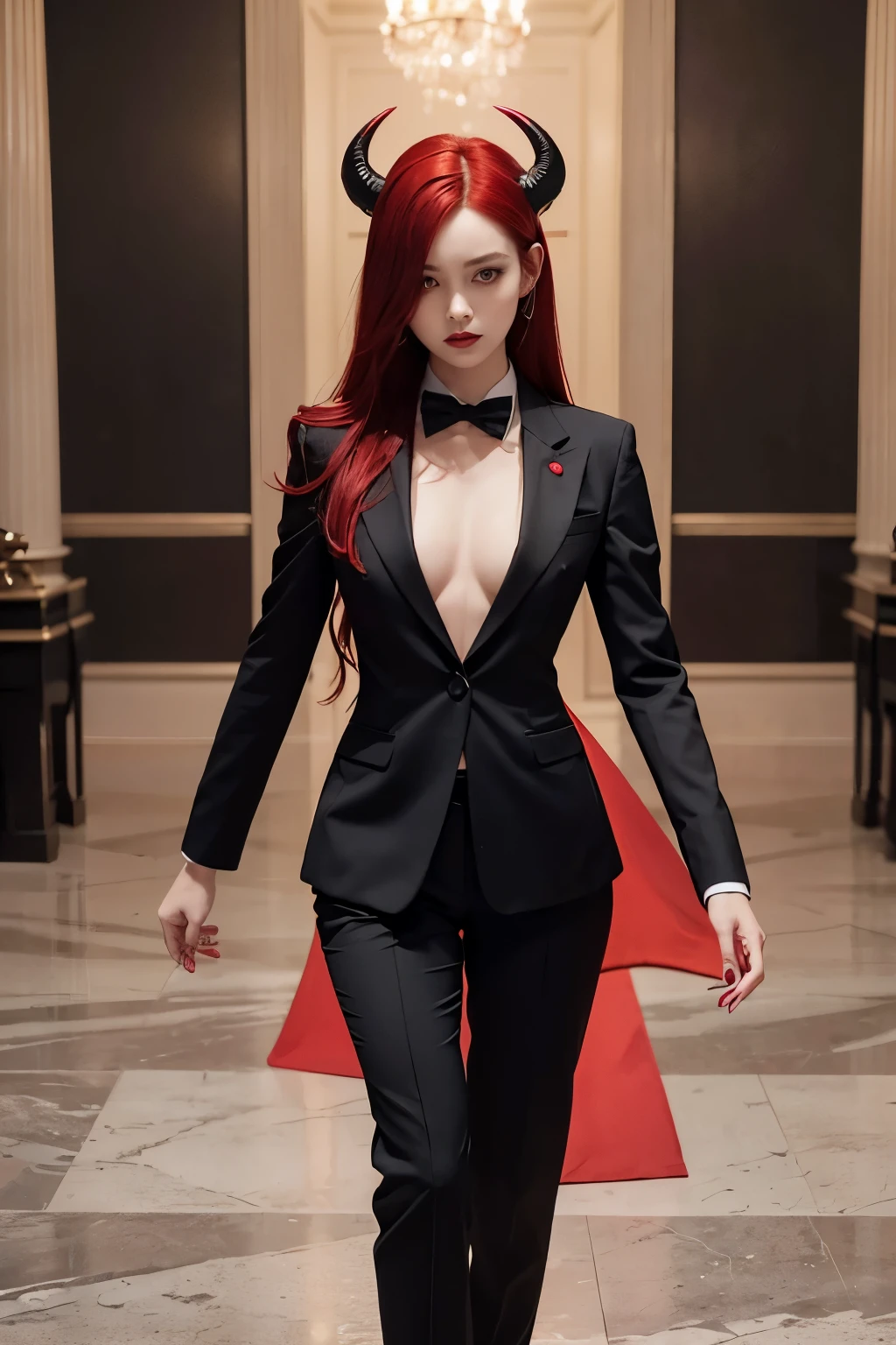 im prompting an ai with this: Short Caucasian demon girl with really red hair, tall black horns, red eyes, and striking elegant conservative red and black suit. A sleek, form-fitting red and black suit that accentuates her. Intricate patterns and embellishments that hint at her demonic nature. Melony is a demon who revels in causing horrible chaos and destruction. Suit, business suit, pants, suit, red black suit, red black pants, covers all, conservative, modest, alone