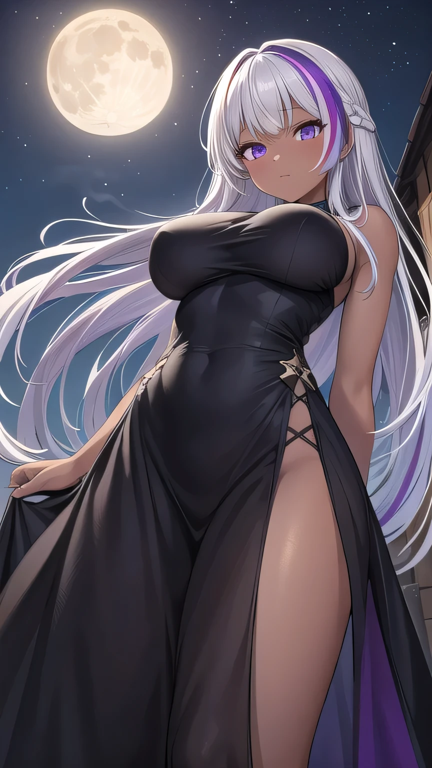a girl, 20 years old,from below,looking at viewer,long hair,silver hair, ((highlights hair, smoky purple streaked hair)),purple eyes,((dark skin)),skinny body, large breast, happy,long dress, black dress,(night:1.2),moon,outdoor,western style mansion, Best Quality, High resolution, Extremely detailed, Detailed background, Perfect Lighting