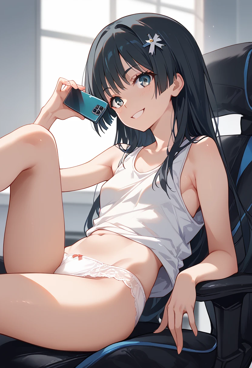 masterpiece,High resolution,Highest quality,8k
(Saten Ruiko)(14-year-old female,Long Black Hair,Small breasts,Slim body,Hairpin)
(Tank top,White panties)room,Sit in a gaming chair,Leg spread,On the phone,smile