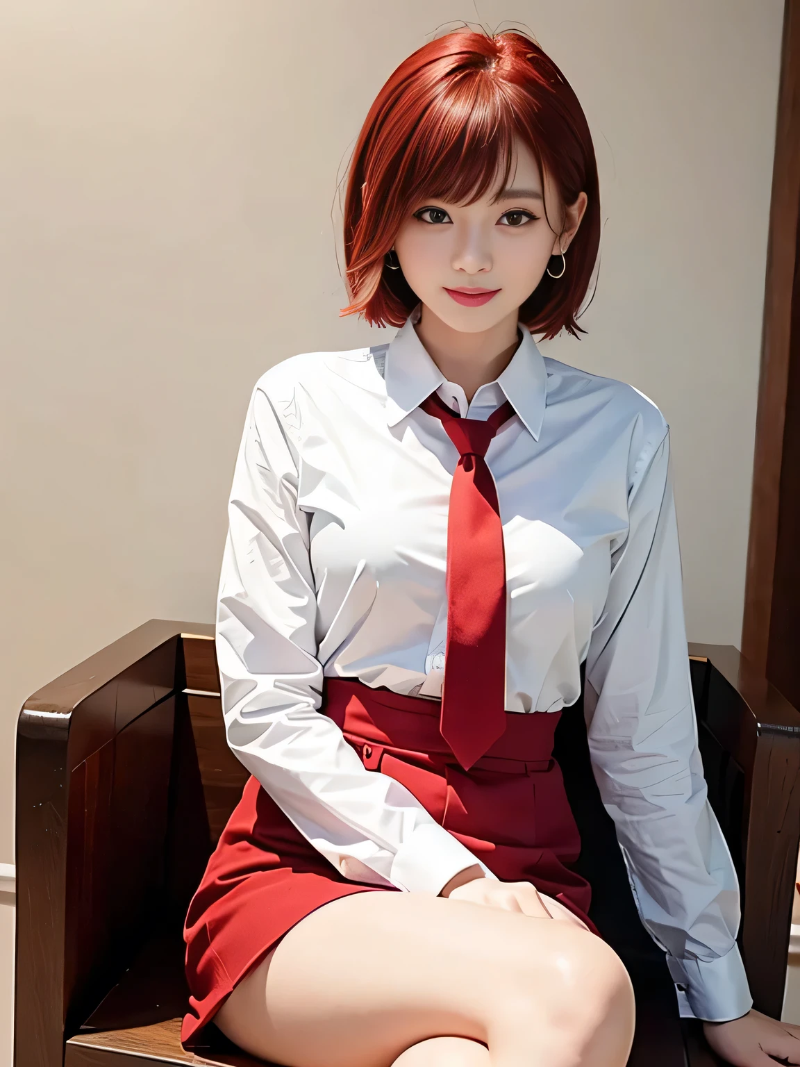 Highest quality、Figures、one person、Earrings、Cute Girls、sexly、Slender、Red tie、White shirt、sexly、Navy blue exy))、Very detailed、Fine details、Slim Body、Slender、Japanese Girls、High resolution、8k、wallpaper、Perfect dynamic composition、Beautiful fine details、Short Bob Cut、((Red Hair))、Big natural color lip、大胆なsexlyポーズ、smile、Cold Stare、17-year-old girl、Cute、Lolita、Good eyesight、whole body、Yellow wall、smile、Sitting in a chair、sexly、