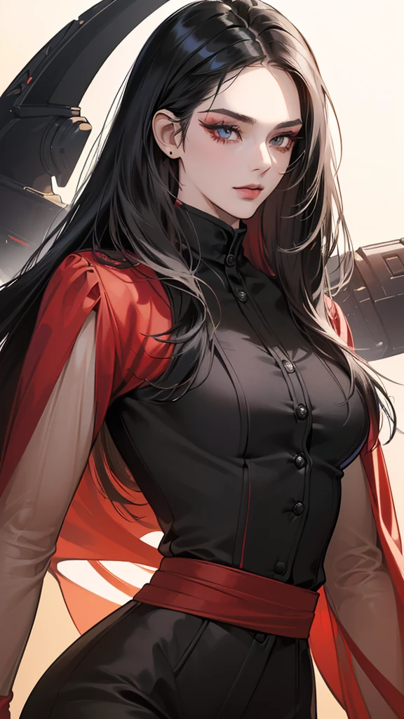 (masutepiece, Digital Art, Digital Illustration, 4K, 8K, Ultra-detailed, beautiful image, Sharp Image, Photorealistic, Raw photo, Perfect face, Perfect lines, Perfect eyes, Soft lighting) 1 woman, (Long Black Hair,straight haired,Red set, Bullish gaze,Beautie,Woman in suit,Solid makeup,23 y-o woman,small tits:1.3),Secretary, Two handsome men in suits, (ember,Men in suits,well-muscled,Firm shoulder width,Adult male,Boyish hairstyle,English gentlemanly style,Man in his 30s with a cool expression,28-year-old man with bright smile:1.2),Parti