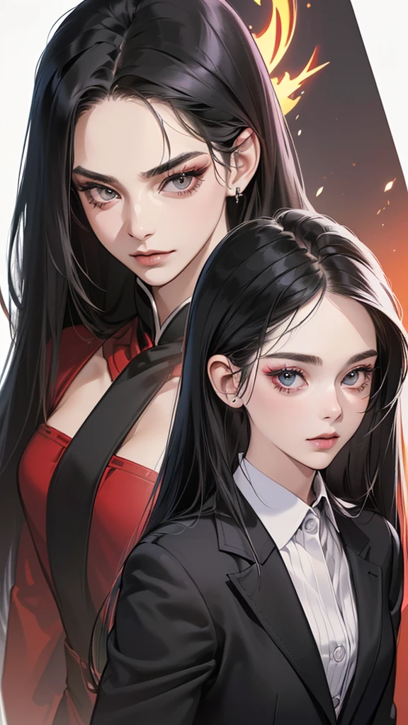 (masutepiece, Digital Art, Digital Illustration, 4K, 8K, Ultra-detailed, beautiful image, Sharp Image, Photorealistic, Raw photo, Perfect face, Perfect lines, Perfect eyes, Soft lighting) 1 woman, (Long Black Hair,straight haired,Red set, Bullish gaze,Beautie,Woman in suit,Solid makeup,23 y-o woman,small tits:1.3),Secretary, Two handsome men in suits, (ember,Men in suits,well-muscled,Firm shoulder width,Adult male,Boyish hairstyle,English gentlemanly style,Man in his 30s with a cool expression,28-year-old man with bright smile:1.2),Parti