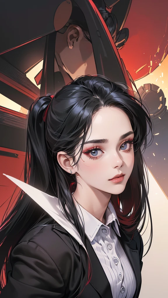 (masutepiece, Digital Art, Digital Illustration, 4K, 8K, Ultra-detailed, beautiful image, Sharp Image, Photorealistic, Raw photo, Perfect face, Perfect lines, Perfect eyes, Soft lighting) 1 woman, (Long Black Hair,straight haired,Red set, Bullish gaze,Beautie,Woman in suit,Solid makeup,23 y-o woman,small tits:1.3),Secretary, Two handsome men in suits, (ember,Men in suits,well-muscled,Firm shoulder width,Adult male,Boyish hairstyle,English gentlemanly style,Man in his 30s with a cool expression,28-year-old man with bright smile:1.2),Parti