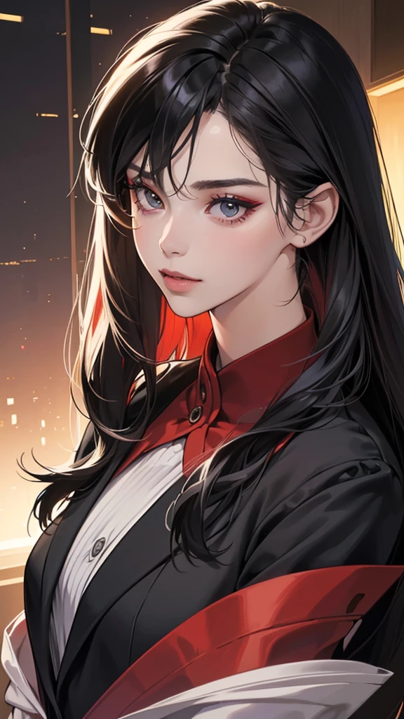 (masutepiece, Digital Art, Digital Illustration, 4K, 8K, Ultra-detailed, beautiful image, Sharp Image, Photorealistic, Raw photo, Perfect face, Perfect lines, Perfect eyes, Soft lighting) 1 woman, (Long Black Hair,straight haired,Red set, Bullish gaze,Beautie,Woman in suit,Solid makeup,23 y-o woman,small tits:1.3),Secretary, Two handsome men in suits, (ember,Men in suits,well-muscled,Firm shoulder width,Adult male,Boyish hairstyle,English gentlemanly style,Man in his 30s with a cool expression,28-year-old man with bright smile:1.2),Parti、a couple、couple kissing、kiss、the kiss、Romance、Kissing