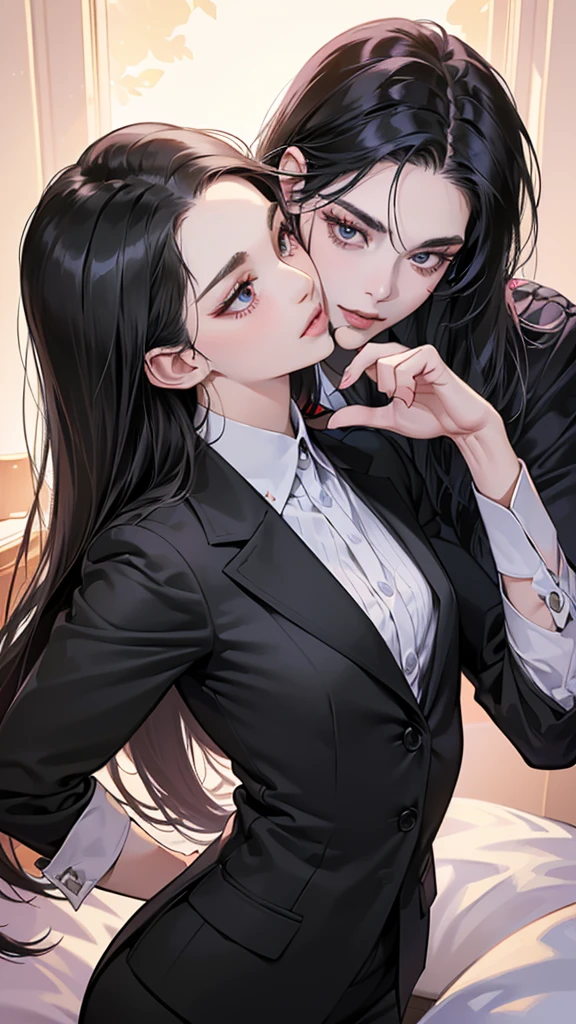 (masutepiece, Digital Art, Digital Illustration, 4K, 8K, Ultra-detailed, beautiful image, Sharp Image, Photorealistic, Raw photo, Perfect face, Perfect lines, Perfect eyes, Soft lighting) 1 woman, (Long Black Hair,straight haired,Red set, Bullish gaze,Beautie,Woman in suit,Solid makeup,23 y-o woman,small tits:1.3),Secretary, Two handsome men in suits, (ember,Men in suits,well-muscled,Firm shoulder width,Adult male,Boyish hairstyle,English gentlemanly style,Man in his 30s with a cool expression,28-year-old man with bright smile:1.2),Parti、a couple、couple kissing、kiss、the kiss、Romance、Kissing