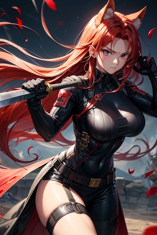 a woman with red lipstick has armor on and is holding a sword, kirijou mitsuru, 1girl, solo, hair over one eye, long hair, (((red hair))), (((red eyes))), weapon, rapier, sword, bodysuit, black bodysuit, grey bodysuit, hand on hip, (((large breasts))), simple background, white background, (purple theme:1.2)