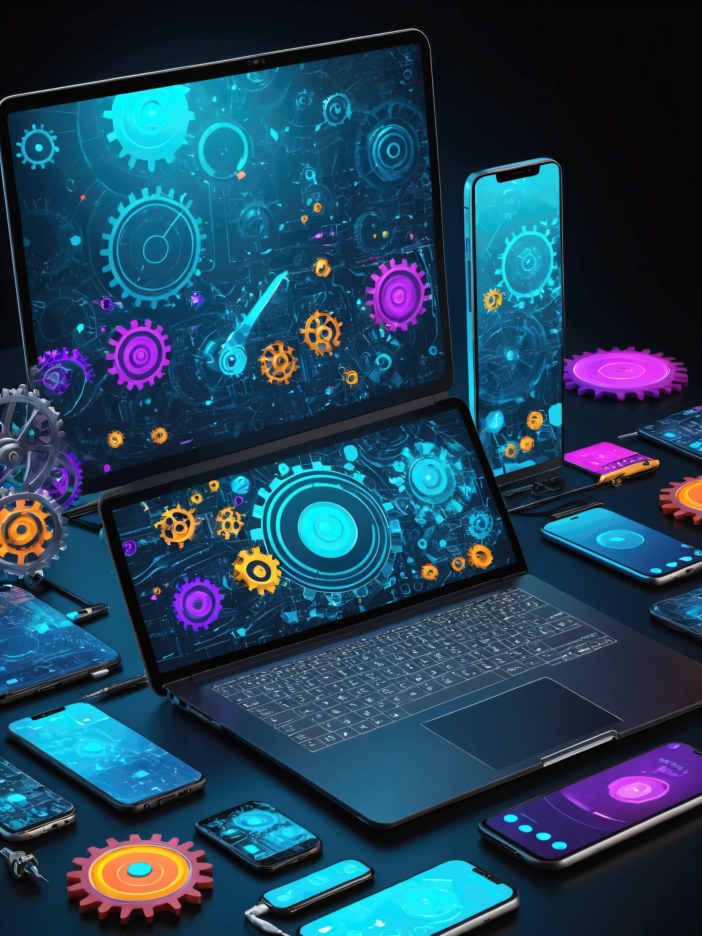 Futuristic technical repair concept with laptop, smartphone, and tools. Vibrant with digital UI,UX interfaces between devices with floating switch and gears, symbolizing the maintenance of technology