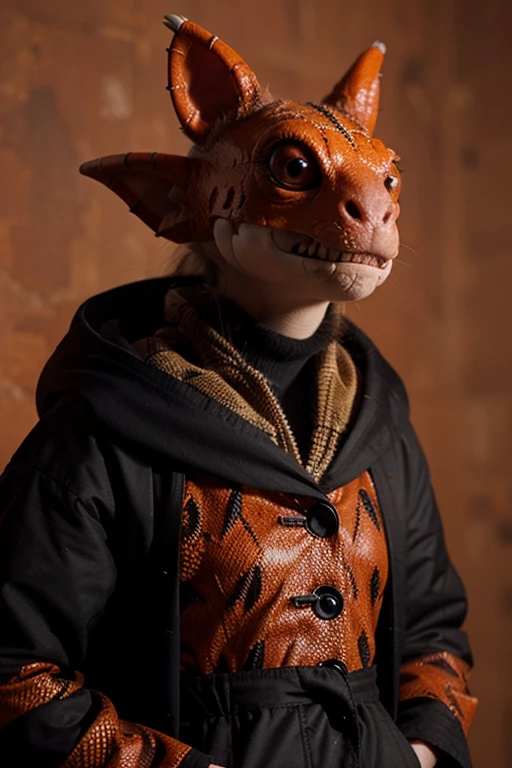 kobold with red and orange reticulated scales dressed in a black coat