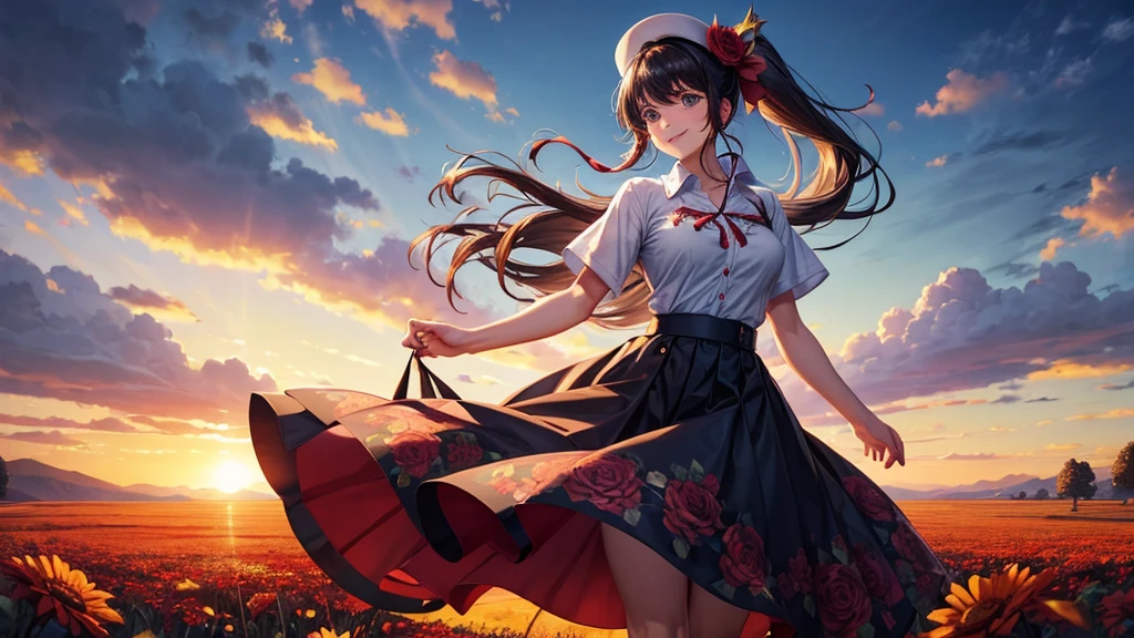 1girl, solo, full body, rural landscape, village, trees, sun, clouds, fantasy, black hair, ponytail, large breasts, button down shirt, ((red floral pattern shirt)), ((short sleeved shirt)), ((unbuttoned shirt)), popping buttons, unbuttoning buttons, cleavage 1:3, shirt tied under chest, belly reveal, blue eyes, dark skirt, smile, looking at the viewer, standing, hair ribbon, golden necklate, elegant white hat, wind
