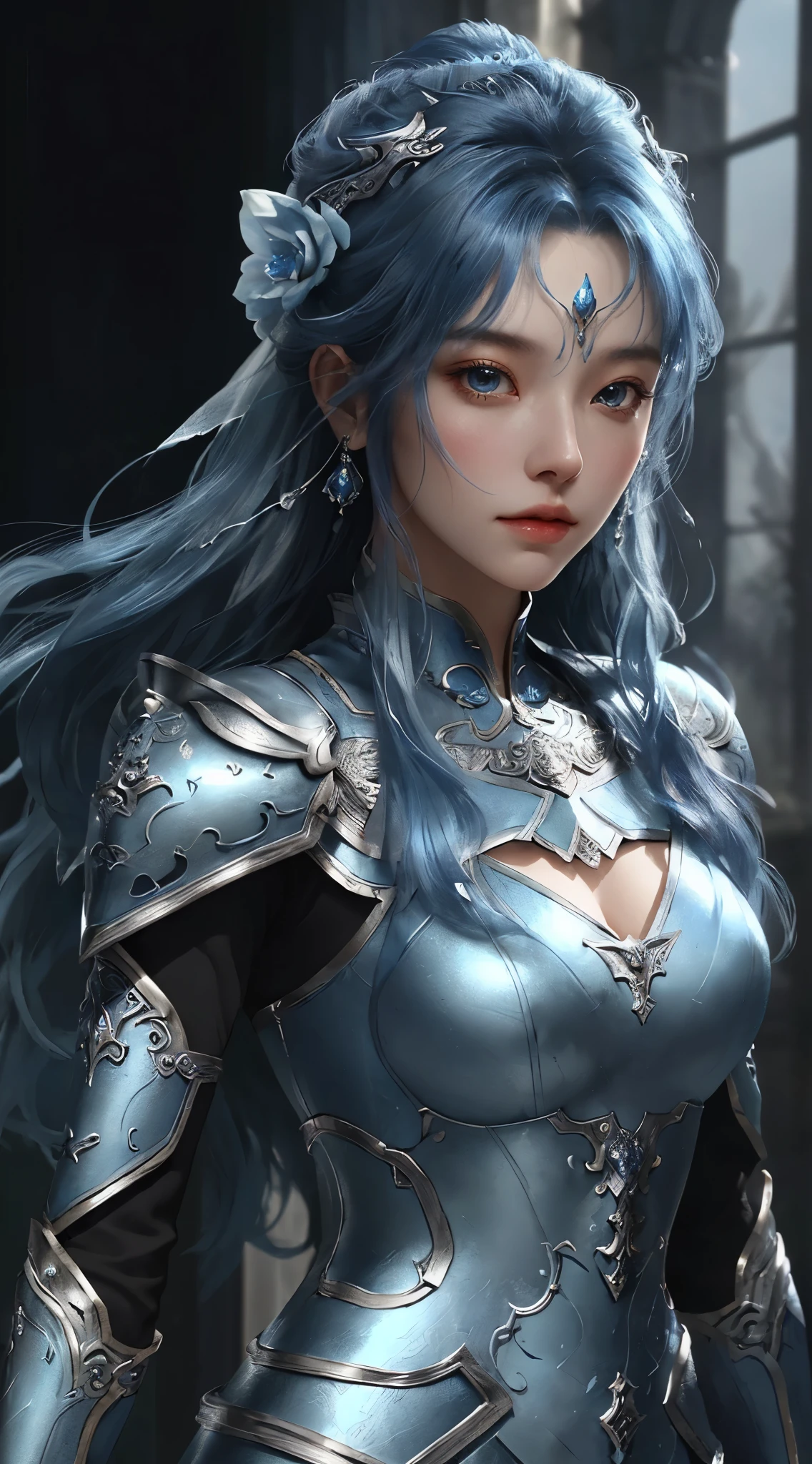 Close up of woman in silver and blue dress, Pan Chengwei on artstation, author:Yang J, Detailed fantasy art, Stunning character art, Fan Art Best Artstation, Epic and beautiful character art, Beautiful armor, Extremely detailed Artgerm, Detailed digital anime art, artstation pixiv download artgerm, Armor Girl