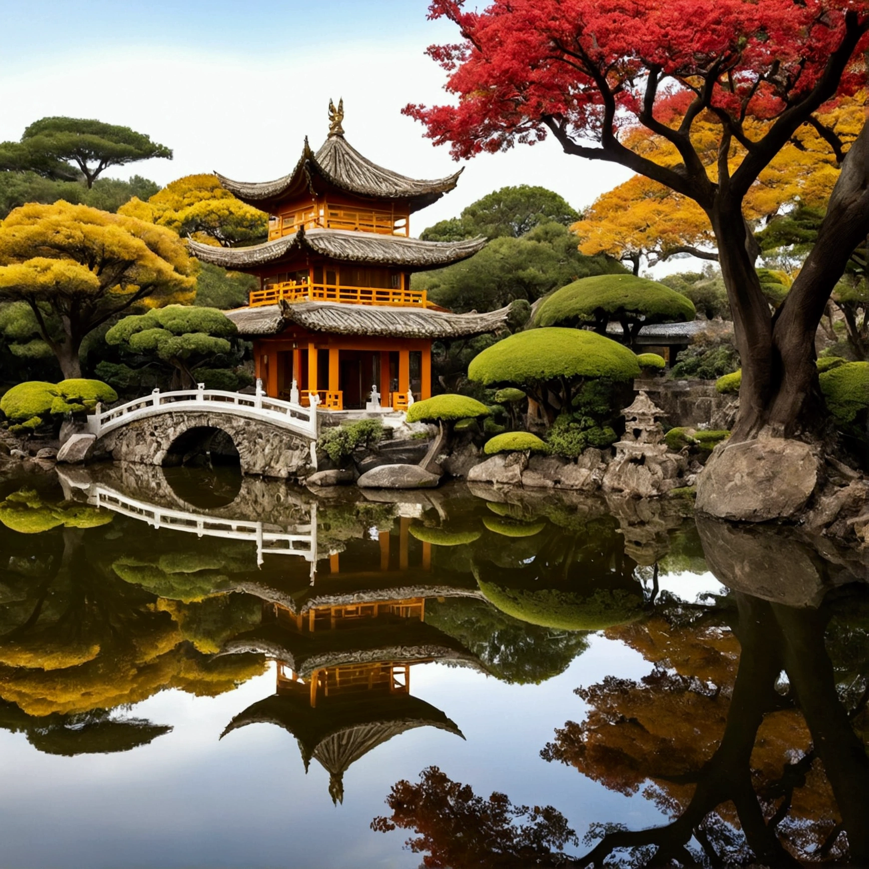 outonal,Beautiful landscaped gardens,atmosfera tranquila,Trilhas e pontes isoladas,Brightly colored trees and leaves,Reflected in standing water,antique pavilions,pagode,Beautiful architectural details,atmosfera tranquila e serena,Fallen leaves littered the ground,The delicate moonlight shines through the trees, uma lagoa serena,Koi peixe nadar,Expertly arranged bonsai rocks and trees,Raspagem cuidadosa de cascalho e areia,The air is filled with the smell of traditional Chinese music,A harmonious balance between natural and artificial elements.