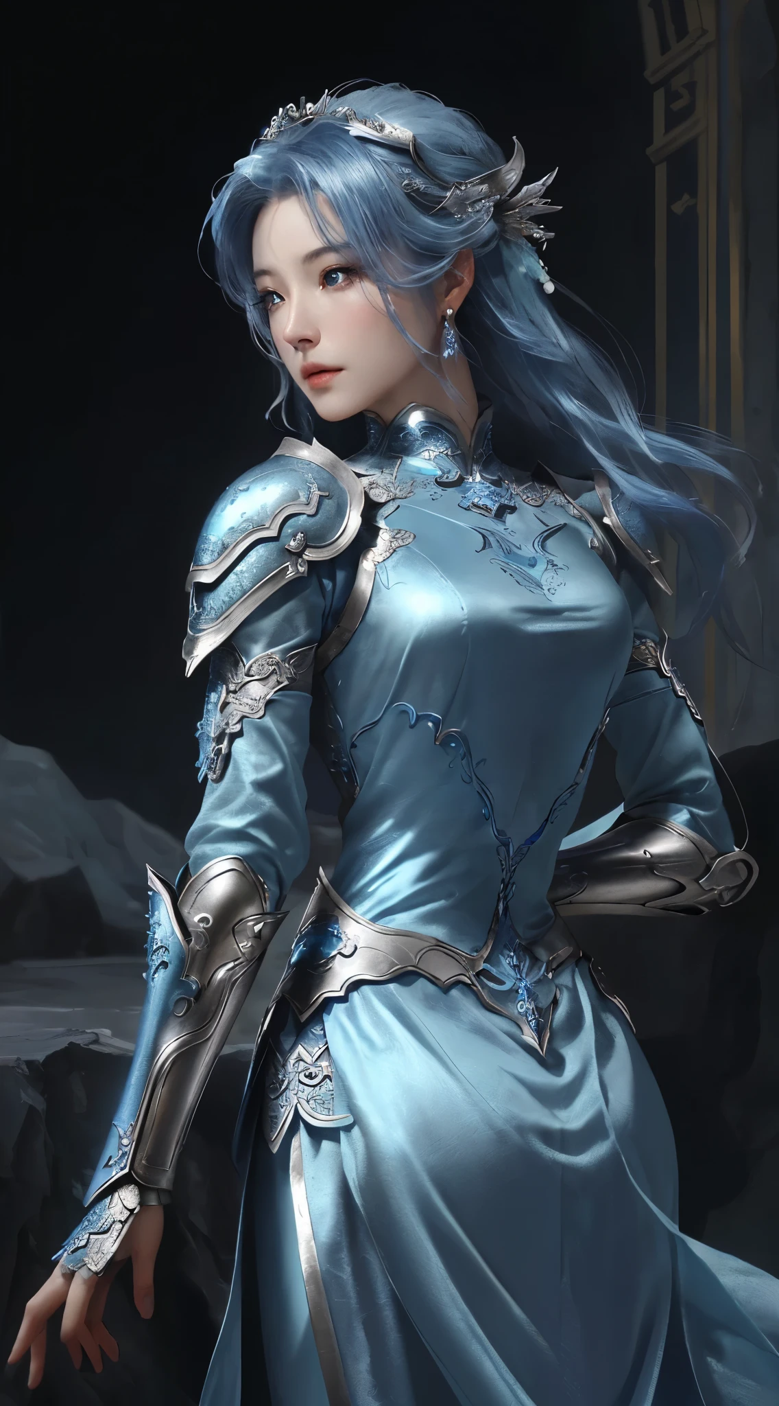 Close up of woman in silver and blue dress, Pan Chengwei on artstation, author：Yang J, Detailed fantasy art, Stunning character art, Fan Art Best Artstation, Epic and beautiful character art, Beautiful armor, Extremely detailed Artgerm, Detailed digital anime art, artstation pixiv download artgerm, Armor Girl