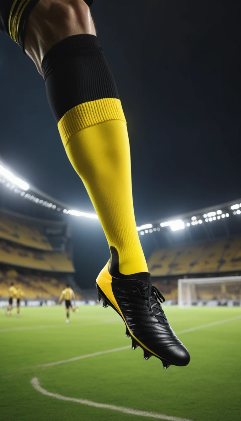 A foot wearing yellow and black socks kicks the football，Background of football field at night，Football flying away，The stands of the stadium were full of people,Adding details
