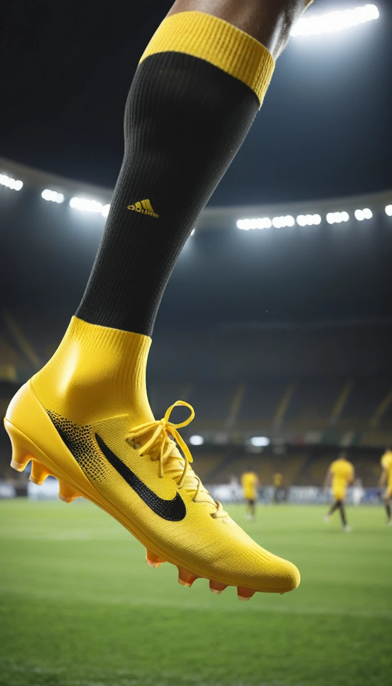 A foot wearing yellow and black socks kicks the football,Background of football field at night,Football flying away,The stands of the stadium were full of people,Adding details