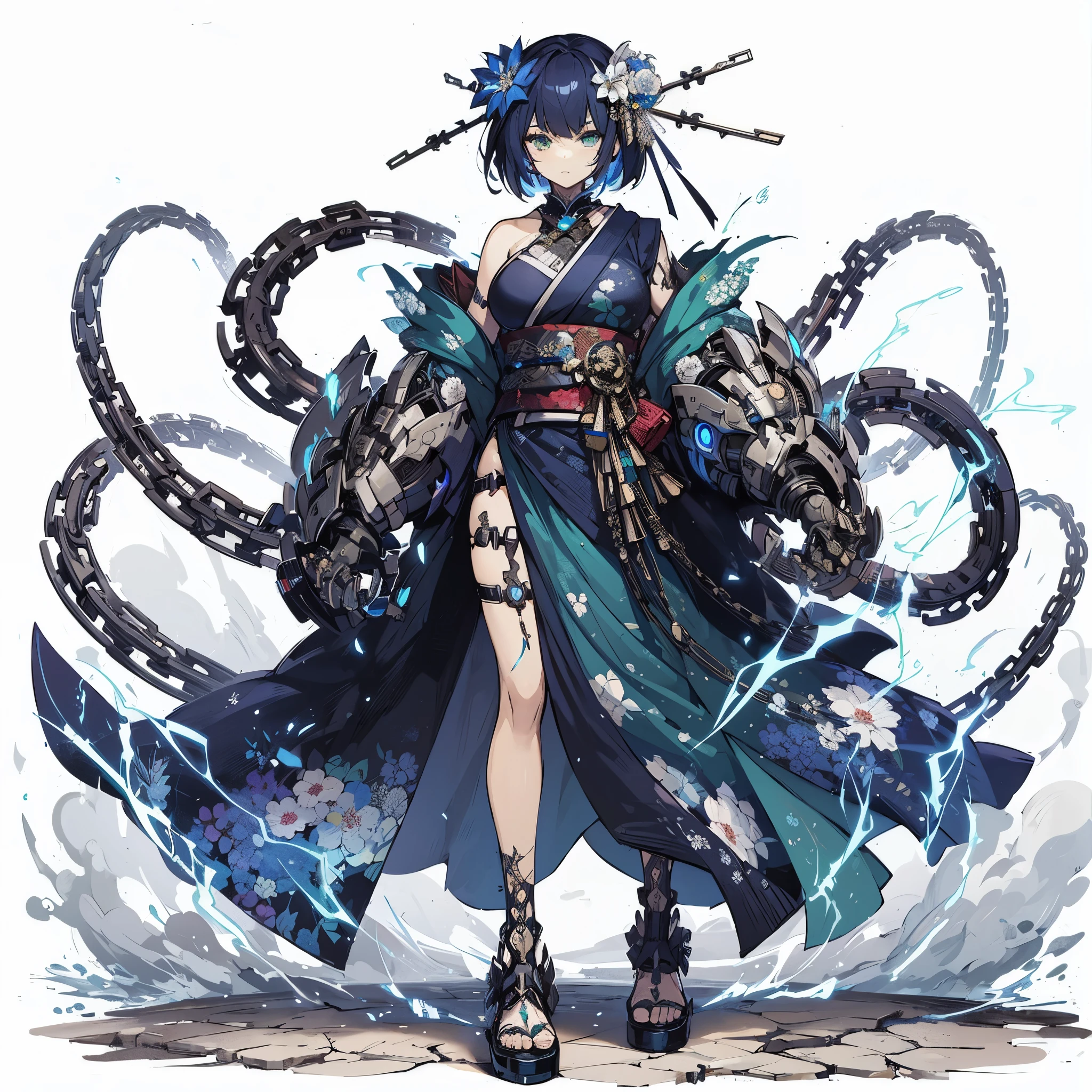 (masterpiece, Best Quality), (detailed hairs), Ultra-detailed, anime style, Full body, solo, Cyberpunk geisha girl, dark blue medium short hair and flower hair accessory, beautiful green eyes, cyber-KIMONO dress, bulky gauntlet with lightning chains wrapped, supernatural lightning, high-heeled boots, white background, whole body, tall and stylish, VERY MASSIVE. Muscular, standing full length, standing on wasted earth,