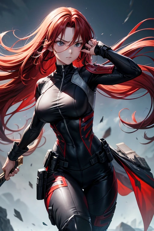 Physical Appearance Hair: Long and red hair, with a vibrant shine that highlights your bold personality.
eyes: Of an intense red color, that seem to shine with determination and ferocity.
body: muscular and well defined, with curves that reflect her strength and femininity. busty, with firm thighs that denote agility and power.
Combat Suit Clothing: A fitted black suit that combines function and style, Designed to facilitate movement in combat. The material is resistant but light, allowing you to move with agility.
face mask: black, which hides your identity and adds an air of mystery, in addition to offering protection.
Katana Armament: Two katanas sheathed on his back, ready to be unsheathed in an instant. The handles are decorated with details that reflect his heritage and martial skills..
Assault rifle: He holds an assault rifle in his hands, showing his prowess in ranged combat. The weapon is equipped with tactical accessories that improve its precision and effectiveness.
Short Weapon: He carries a gun on his thigh, with additional chargers, ready for any unexpected situation.
Knives: Two sharp knives, hidden but accessible, which can be used in close combat or for stealth situations.
Personality Character: Brave and determined, with a strong ethic of justice. His intense gaze and challenging posture convey confidence and determination..
Skills: Expert in hand-to-hand combat and the use of weapons, Combine agility and brute strength to overcome your opponents.