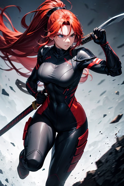 Full body image of 1 Female ninja costume, Gigantic Breasts, (long red hair, movement in the wind) and (green eyes), Demon Oni Mask covering her entire face, looking at the viewer, well defined and even body, she she is in a Japanese battlefield of the Ninja feudal period, it is raining, her body is all wet, Unreal Engine 5, Tokusatsu, masterpiece, 16k, award winning, best quality, high details, textured skin, UHD, masterpiece, anatomically correct