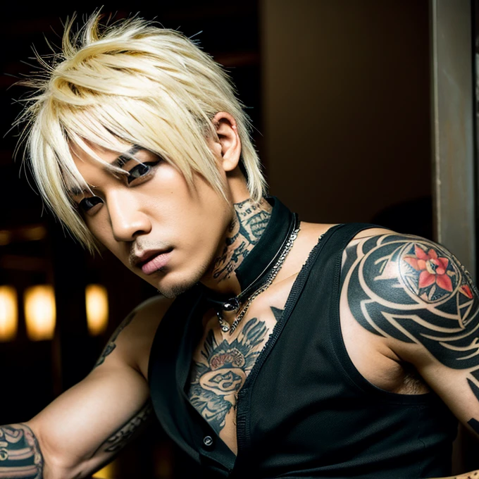 Japanese gothic rocker man, male, Asian eyes, muscular, broad shoulders, yakuza tattoos, hairstyle Visual Kei style, hair Visual Kei, black men's shirt and black pants, ultra detailed face, hyperrealistic, realistic representation, 30 years old, age 30 years,, blonde hair