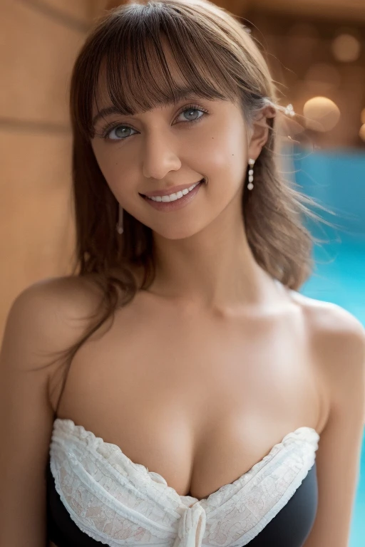 gorgeous woman, 1 girl, white ワンピース swimsuit:1.2, skinny, healthy, perfect body:1.2, abs:1.1,  blond hair:400.1, rain wet, wet body:1.2, night pool room:1.6, ultra-detailed face, detailed lips, detailed eyes, double eyelids, pubic hair, black skin, trimmed bangs, shy smile, (best quality,8k,masterpiece:1.3)