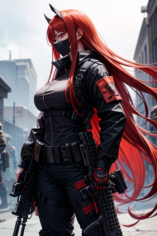 A redhead girl, red eyes, busty, firm thighs, beautiful body, Long hair, black combat suit, Black mask,2 katanas sheathed on his back and an assault rifle in his hands, He carries a short gun with magazines and two knives.