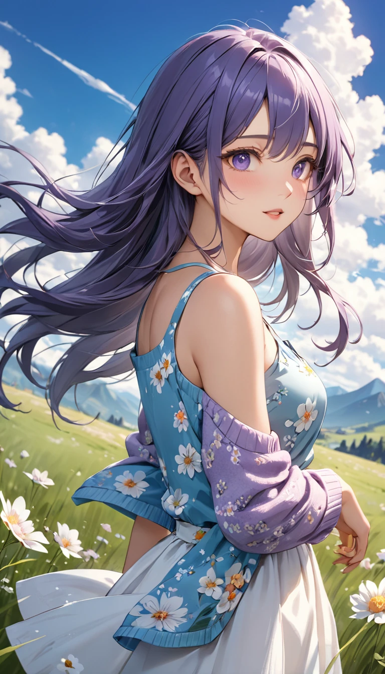 Highest quality, Great quality, 16K, Unbelievably absurd, Very detailed, 2.5D, delicate and dynamic, Very delicate facial expressions, Delicate eye depiction, Upper body close-up, erotic, Only sexy women, Healthy body shape, 22-year-old woman, Height: 170cm, Large, firm, swaying bust、Vast grassland, Blue sky, Wildflowers々, Grass swaying in the wind, Mountains in the distance々, Clouds floating in the sky, The scent of the pasture, Summer Dresses, Floral print cardigan, Sandals, Blue Purple Long Hair