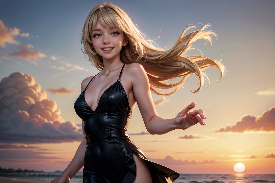 masterpiece, photorealistic:1.4, beautiful 22 year old woman, , elegant, beautiful, blond_hair, blonde, sunset, black_dress, long_hair, running, smiling, thin, slim,
medium_breasts, bangs, extremely detailed artgerm, photorealistic perfect body,detailed skin,beach, sunset, clouds,,skin blemish
