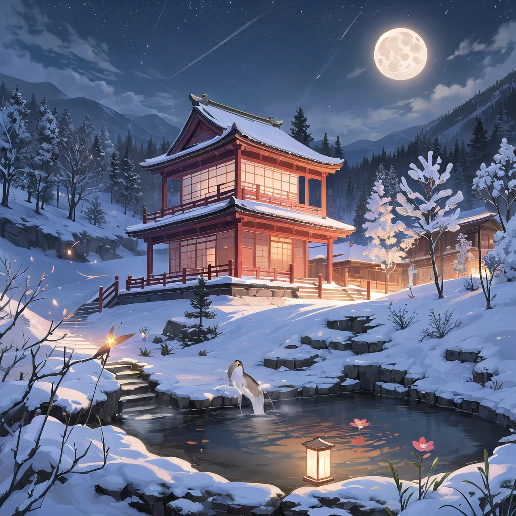 Chinese scenery, ((hot spring)), (Blizzard), (firefly), (Paper Kite), (midnight), (moon), Hilltop Shrine, ((flower)), Beautiful scenery, Realistic lighting, masterpiece, high quality, Beautiful graphics, High Detail,