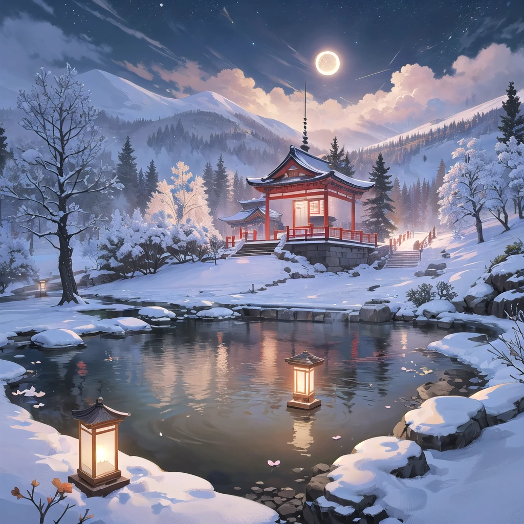 Chinese scenery, ((hot spring)), (Blizzard), (firefly), (Paper Kite), (midnight), (moon), Hilltop Shrine, ((flower)), Beautiful scenery, Realistic lighting, masterpiece, high quality, Beautiful graphics, High Detail,