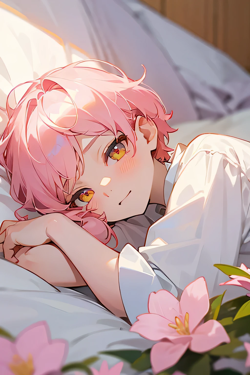 A cute boy, with short light pink hair with bangs and bright golden eyes, with a mischievous expression, with pale white skin, lying on the bed with pink flowers around him.