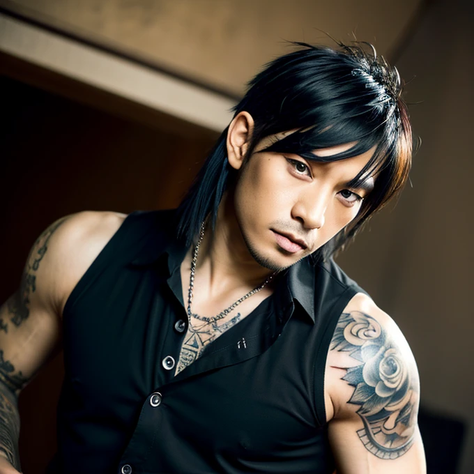 Japanese gothic rocker man, male, Asian eyes, muscular, broad shoulders, yakuza tattoos, hairstyle Visual Kei style, hair Visual Kei, black men's shirt and black pants, ultra detailed face, hyperrealistic, realistic representation, 30 years old, age 30 years,, blonde hair