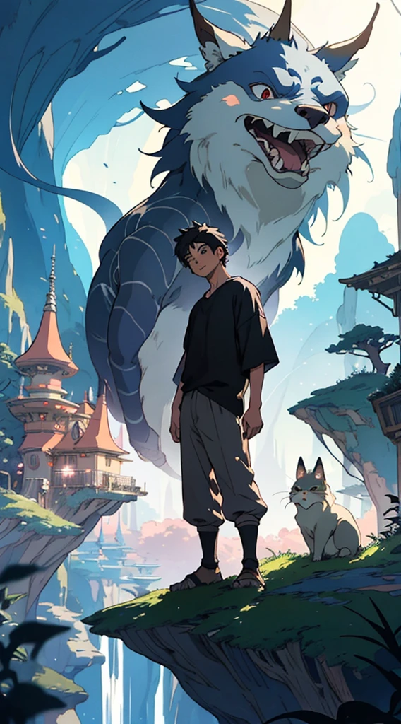 "In a 2025 world setting, a young man in casual clothing is sticking out his tongue with a provocative and confident attitude while facing forward. The visual features fantastical details with a Studio Ghibli style, capturing the whimsical and slightly fantastical atmosphere typical of Ghibli animation. The image is updated to a close-up view, showcasing a soft and enchanting aesthetic."

