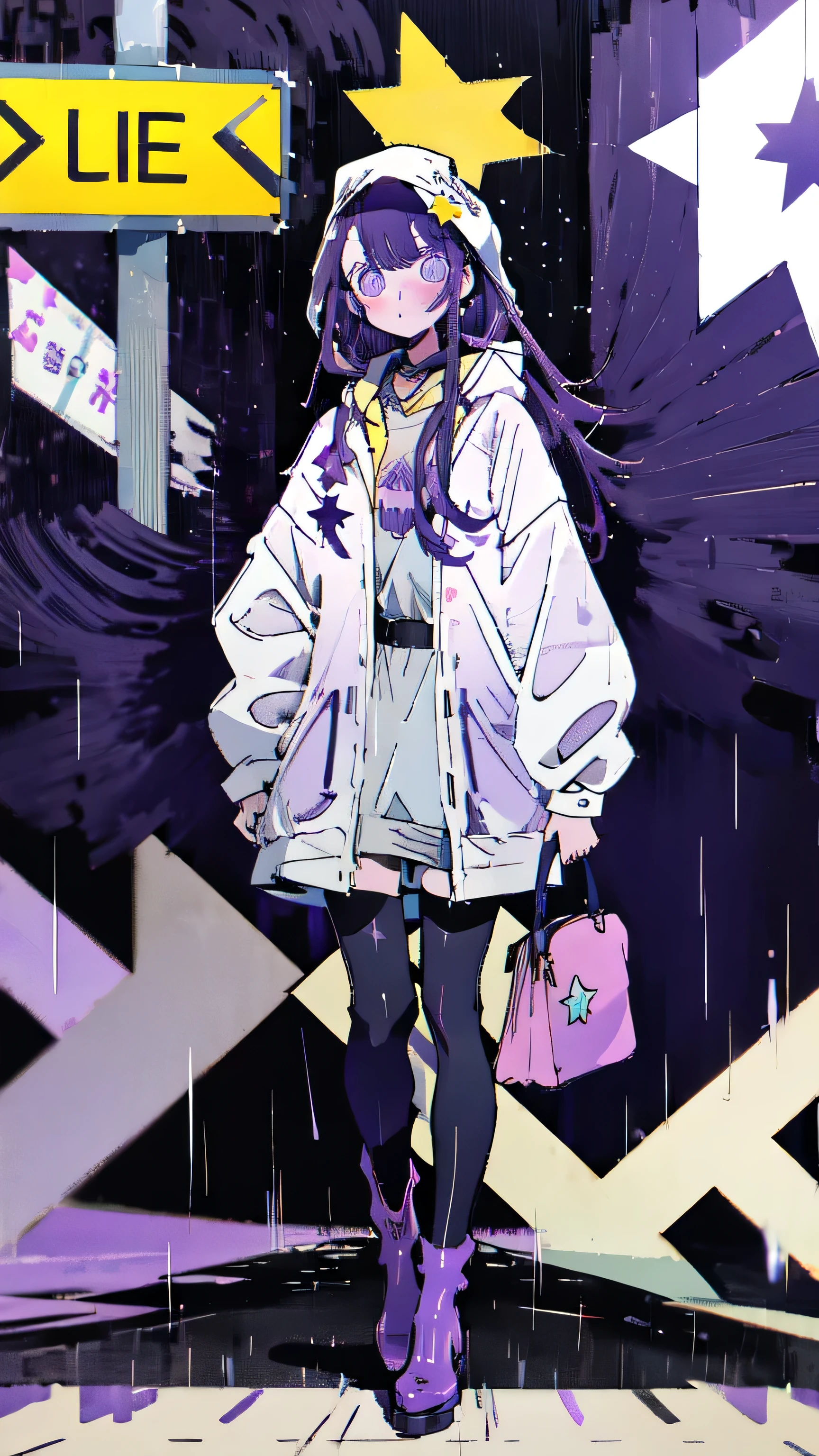 1girl, solo, raincoat, walking in the rain, flat color, rainboots, bag, (hood up), long sleeves, purple hair, (star-shaped pupils), long hair, bangs, looking at viewer, holding umbrella, yellow footwear, road sign, absurdres, 16k, masterpiece, best quality,