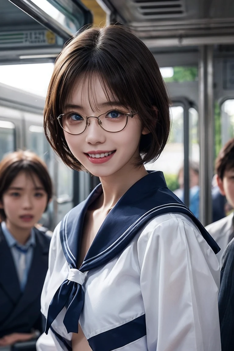 Sailor suit,A kind and happy smile、(looks happy:1.3),Breathless face、Excited expression、short hair、Glasses、Realistic,High resolution,Soft Light,Beautiful and slender girl, blue eyes, Elegant and sexy, Japanese women、Perfect hands、Very large breastplate、Highest quality、Very detailed、crowd surfing、Realistic face、Realistic eyeasterpiece、Highest quality、Very detailed、1 girl、crowd,Pussy,Lower body naked,in the train,belly button,whole body