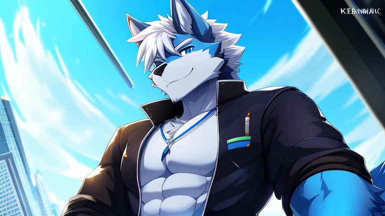 cover page, highres, top quality, best quality, paid reward available, unparalleled masterpiece, perfect artwork, absurdres, High-quality illustrations(concept art, character sheet)perfect anatomy(handsome boy, kemono)(furry anthro),Furry Dark Blue Wolf, Dark Blue Fur,sky Blue Eyes,huge body, jacket blue ,gray pants, Muscular Body, Cool Pose, Charming, Handsome,white hair, full body,Blue necklace, (best quality), (masterpiece), (ultra detailed),(detailed eyes),sharp focus,manga,cyber city,bynamic angle,depth of field, motion blur, absurdres,looking at viewer
