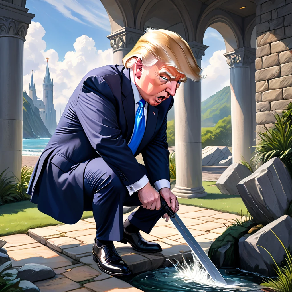 A photorealistic painting inspired by the Arthurian legend of Donald Trump pulling the mythical sword from the stone. as Joe Biden falls to his knees in fear, your diabolical plans foiled.
