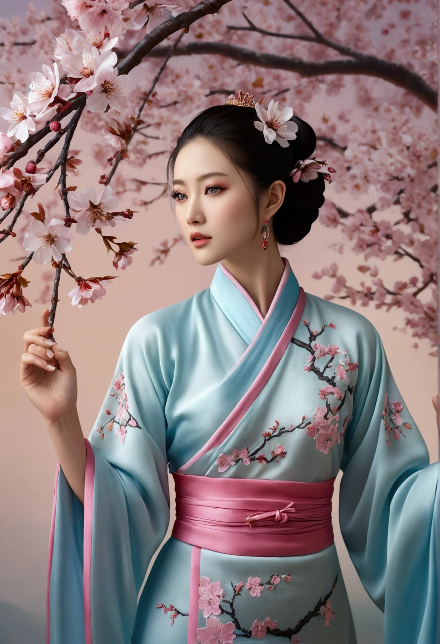 (Best quality,4K,8K,A high resolution,Masterpiece:1.2),Ultra-detailed,(Realistic,Photorealistic,photo-realistic:1.37),Exquisite depiction of cherry blossoms on traditional Chinese silk dress, Dynamically capture Tai Chi elements, Flowing fabric, Vibrant colors, Pastel tones, Soft and dreamy lighting, meticulous craftsmanship, Dynamic movements, Detailed rendering of intricate floral embroidery, Graceful posture, Porcelain-like skin, Pink long double tail, soft blue eyes, Subtle and flawless makeup, Surreal wallpapers.