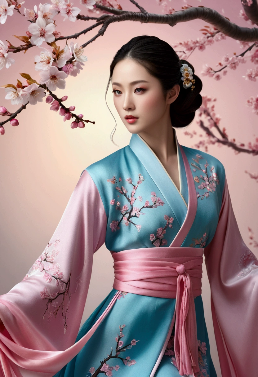 (Best quality,4K,8K,A high resolution,Masterpiece:1.2),Ultra-detailed,(Realistic,Photorealistic,photo-realistic:1.37),Exquisite depiction of cherry blossoms on traditional Chinese silk dress, Dynamically capture Tai Chi elements, Flowing fabric, Vibrant colors, Pastel tones, Soft and dreamy lighting, meticulous craftsmanship, Dynamic movements, Detailed rendering of intricate floral embroidery, Graceful posture, Porcelain-like skin, Pink long double tail, soft blue eyes, Subtle and flawless makeup, Surreal wallpapers.