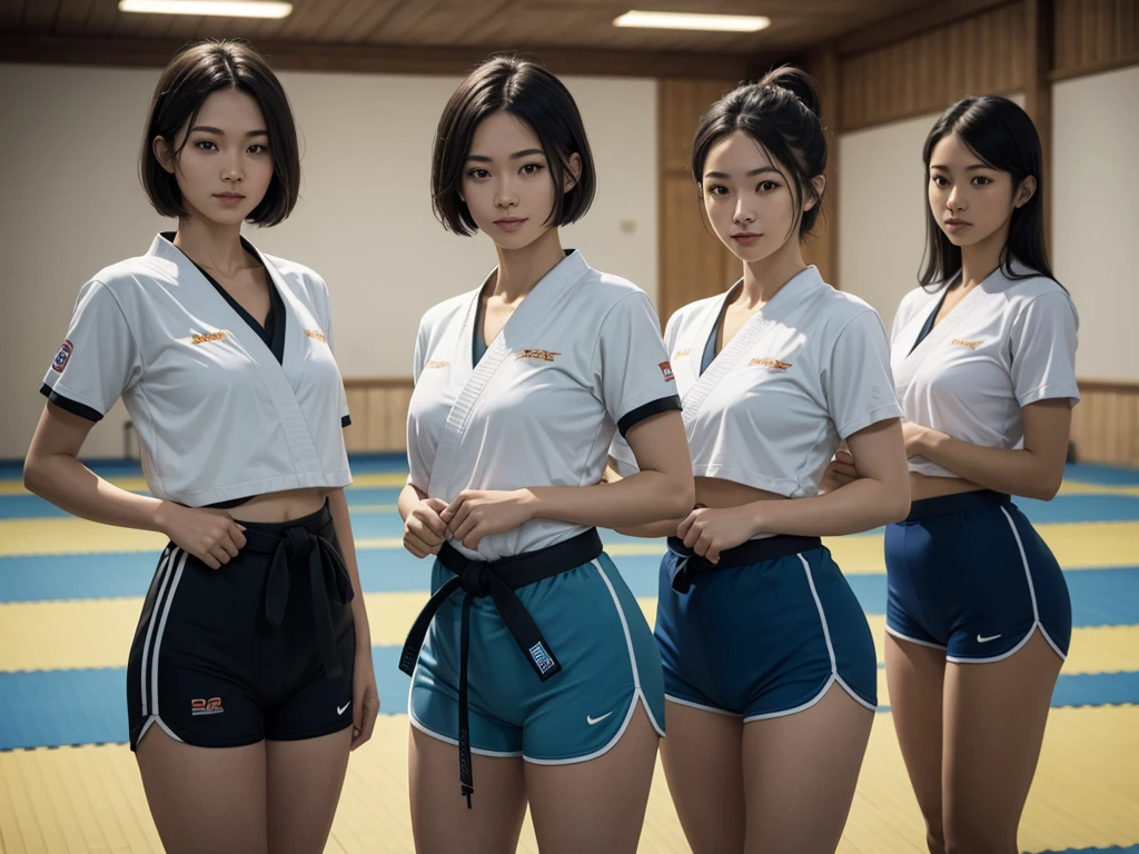 (masterpiece), highly realistic, smiling for the camera, Three slender beautiful female students standing apart from each other, Stylishly designed training wear, blue high cut bloomers, Short hair and pale skin, (Empty karate hall), (perfect anatomy), 8k Resolution, wonder full, elegant, hyperrealism, approaching perfection, dynamic, highly detailed, ultra high definition, HD resolution, high quality boost, contrast boost