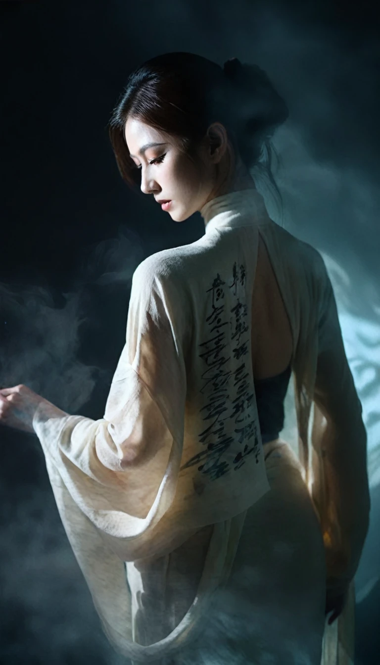Double exposure style,Volumetric Lighting,Girl in wrap top,Arching her back,Traditional clothing,Artistic calligraphy and ink,light depth,Dramatic atmospheric lighting,Volumetric Lighting,Ghosting effect,Image combination,Double exposure style,