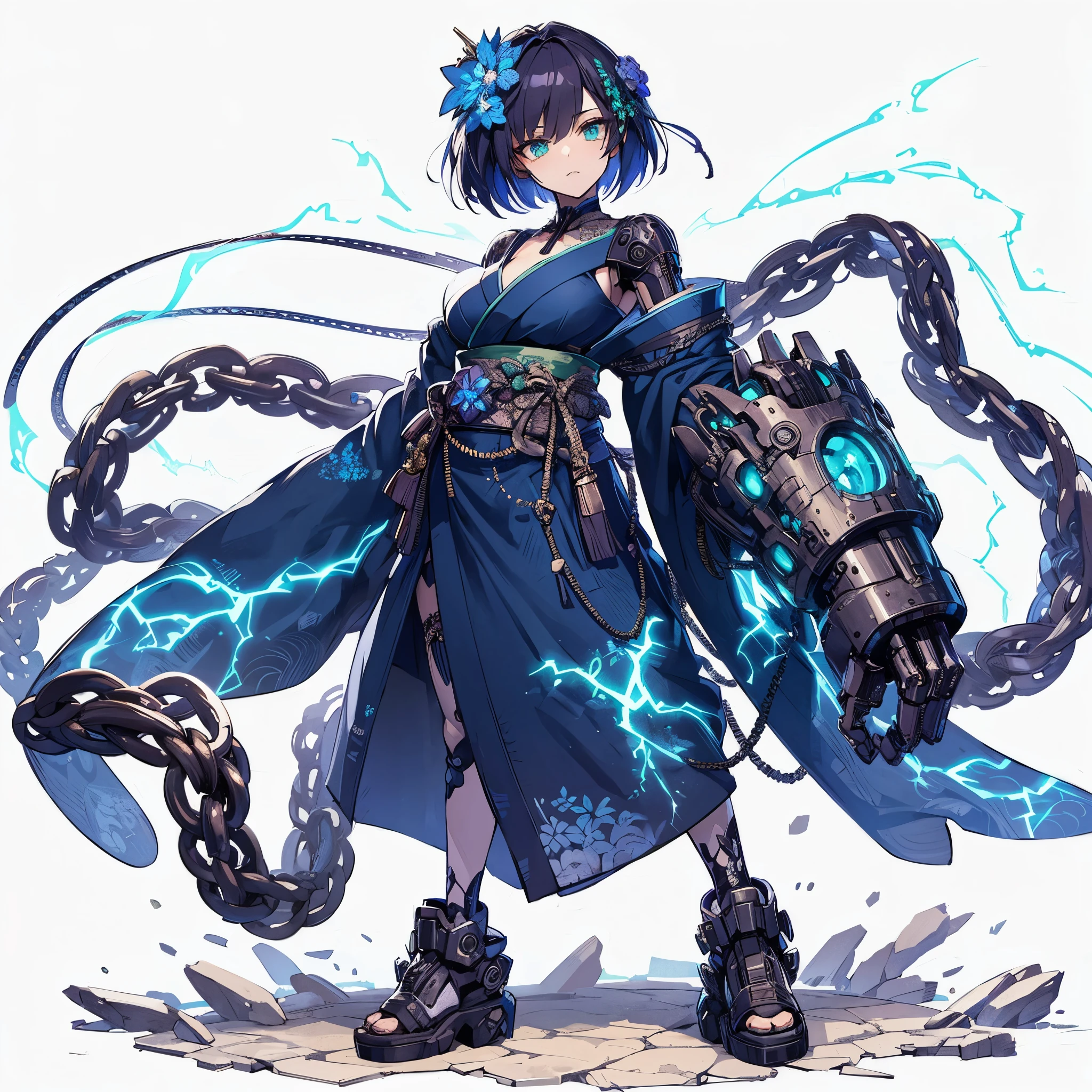 (masterpiece, Best Quality), (detailed hairs), Ultra-detailed, anime style, Full body, solo, Cyberpunk geisha girl, dark blue medium short hair and flower hair accessory, beautiful green eyes, cyber-KIMONO dress, bulky gauntlet with lightning chains wrapped, supernatural lightning, high-heeled boots, white background, whole body, tall and stylish, VERY MASSIVE. Muscular, standing full length, standing on wasted earth,
