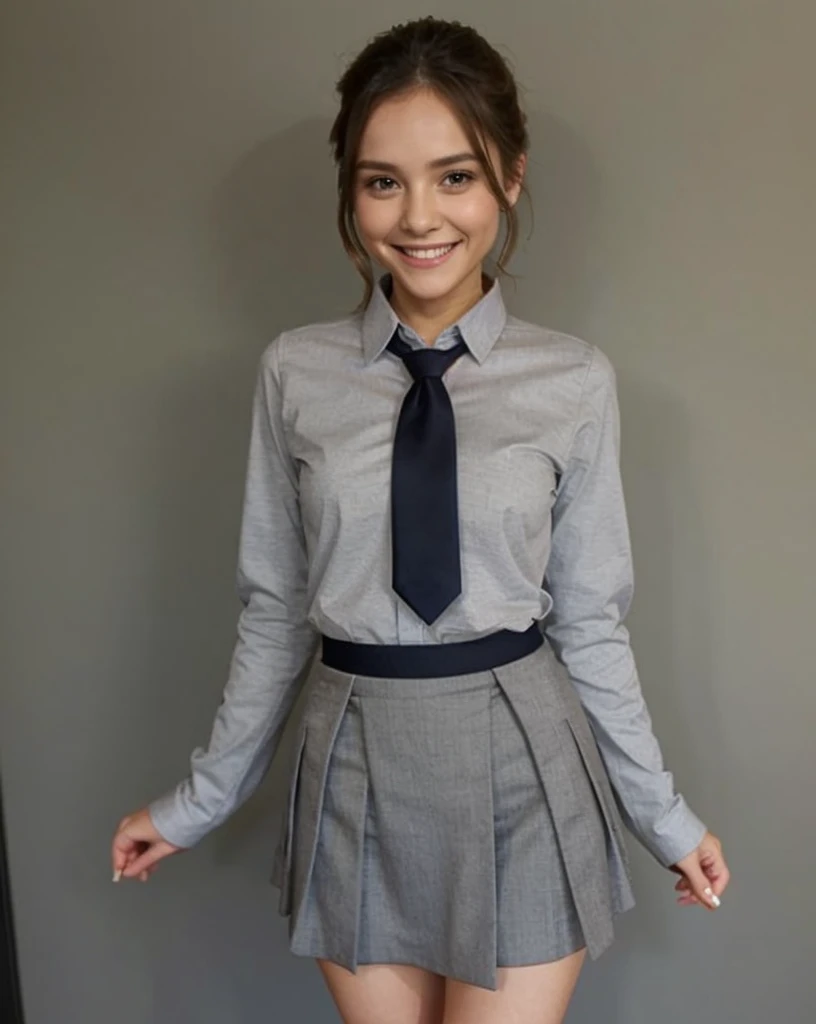 short skinny girl, tucked with a tie, long skirt, long sleeves,little cute smile