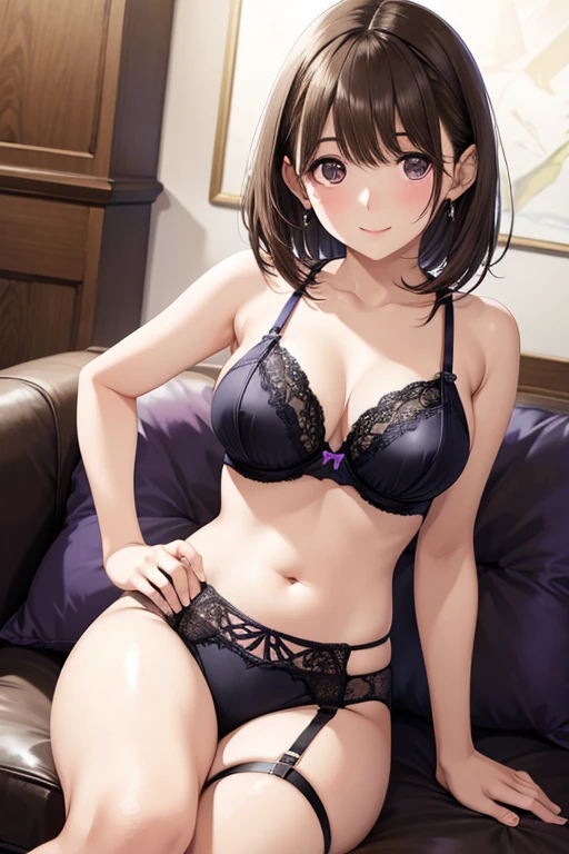 anegasaki nene、Shiny brown hair, short hair, (Beautiful brown eyes、Sparkling eyes, Fine grain)、smile、Super detailedな目、Highly detailed face, Highly detailed eyes,


Ultra-high resolution, Superior Quality, Highest quality, Super detailed, Realistic, 8k, RAW Photos, Highest quality, masterpiece, Attractive girl, A wonderful girl, 

Purple bra、Purple panties、garter belt
