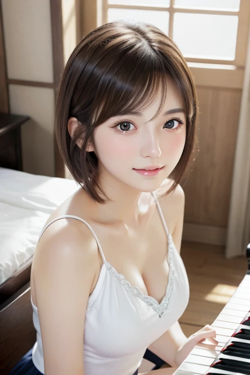 masterpiece、Highest quality、High resolution、wallpaper、Realistic、Bright lighting、Professional Lighting、Face Light、Smooth lighting、Japanese Girls、Beautiful woman、gravure、so beautiful、Beautiful Skin、Beautiful and detailed、Detailed face、slim、Moderate、short hair、Looking into the camera、play piano、mini skirt