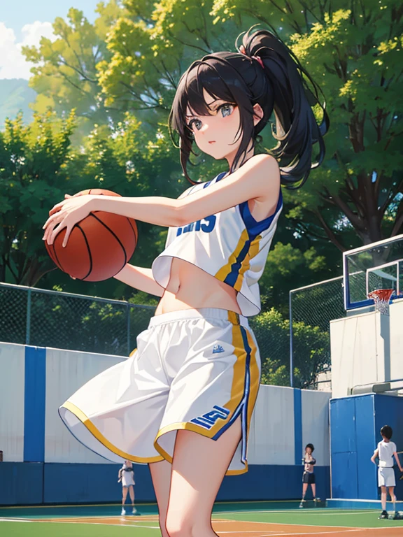 Outdoor basketball court、Beautiful girl playing basketball、Close-up depiction of only the body above the knees、Shoot the ball、Jump、only one ball, ponytail、Basketball Uniform、Shorts、Jump and throw the ball、Wind lift lifts the uniform、Abdominal flash